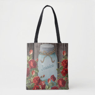 Vintage Blue Mason Jar Rustic Floral Name Tote Bag