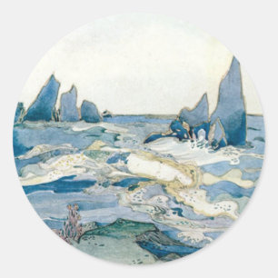 VINTAGE BLUE MERMAID OCEAN PRINT CLASSIC ROUND STICKER