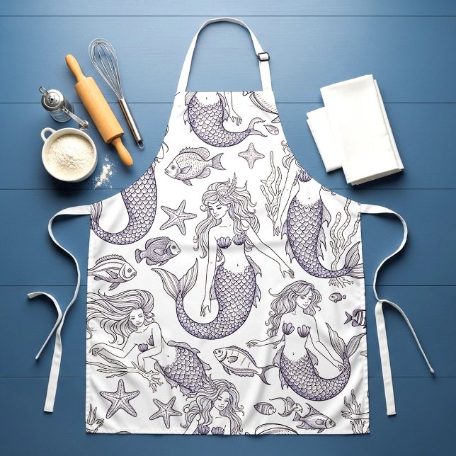Vintage Blue Mermaid & Sea Life Pattern Apron (Creator Uploaded)