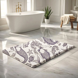 Vintage Blue Mermaid & Sea Life Pattern Bath Mat