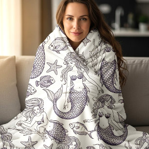 Vintage Blue Mermaid & Sea Life Pattern Fleece Blanket