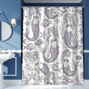 Vintage Blue Mermaid & Sea Life Pattern Shower Curtain
