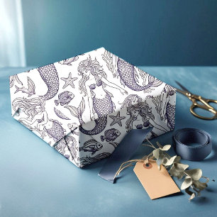 Vintage Blue Mermaid & Sea Life Pattern Wrapping Paper