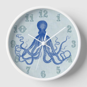 Vintage Blue Octopus Nautical Beach House Wall Clock