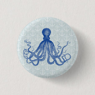 Vintage Blue Octopus with Anchors 3 Cm Round Badge