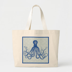 Vintage Blue Octopus with Anchors Large Tote Bag