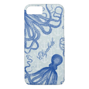 Vintage Blue Octopus with Anchors Personalised iPhone 8/7 Case