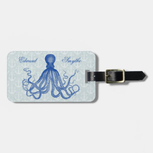 Vintage Blue Octopus with Anchors Personalised Luggage Tag