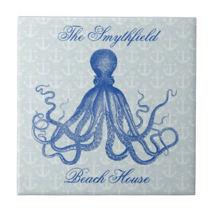 Vintage Blue Octopus with Anchors Personalised Tile