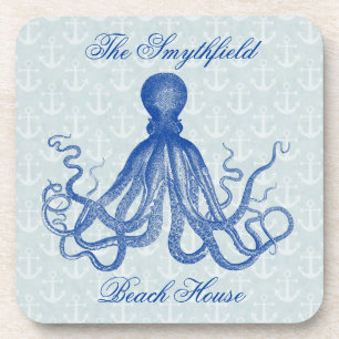 Vintage Blue Octopus with Anchors Personalized Coaster