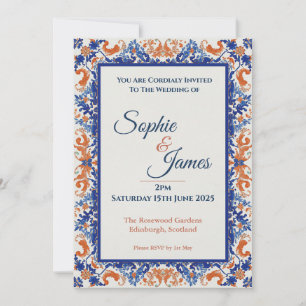 Vintage Blue Orange Baroque Ornate Wedding Invitat Invitation
