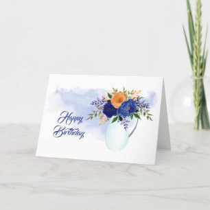 Vintage Blue Orange Floral Watercolor Birthday Card