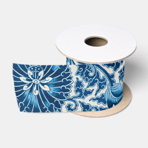 Vintage Blue Ornamental Floral Pattern Satin Ribbon