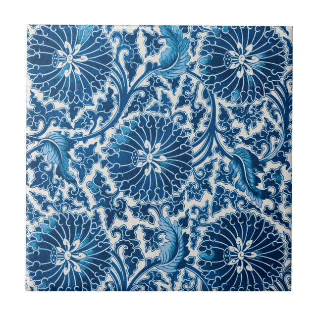 Vintage Blue Ornamental Floral Pattern Tile (Front)