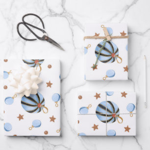 Vintage Blue Ornaments & Golden Stars Pattern Wrapping Paper Sheet