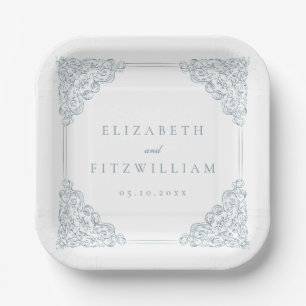Vintage Blue Ornate Frame Wedding Paper Plate