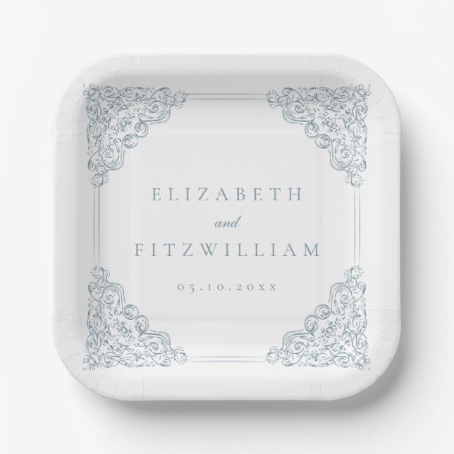 Vintage Blue Ornate Frame Wedding Paper Plate (Front)