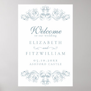 Vintage Blue Ornate Frame Wedding Welcome Poster