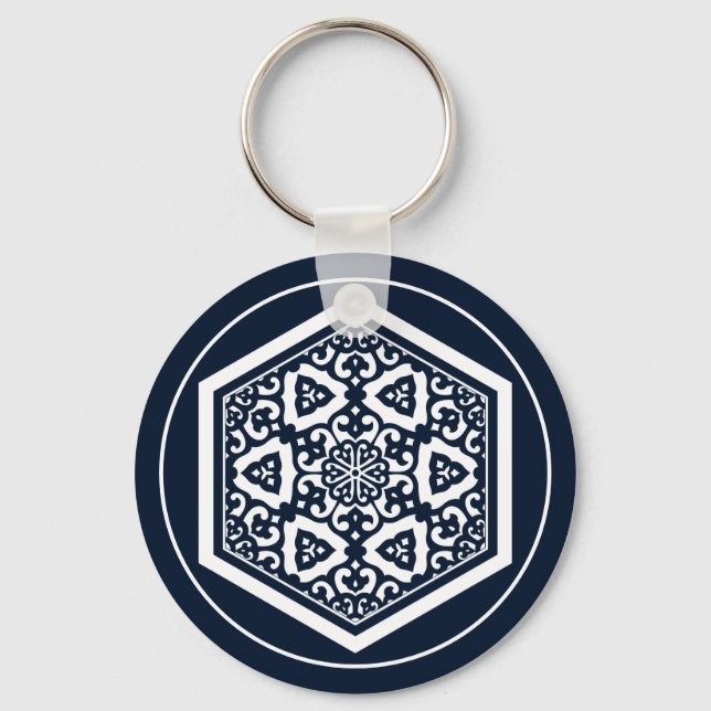 Vintage Blue Ottoman Turkish Tracery Graphic Key Ring (Front)