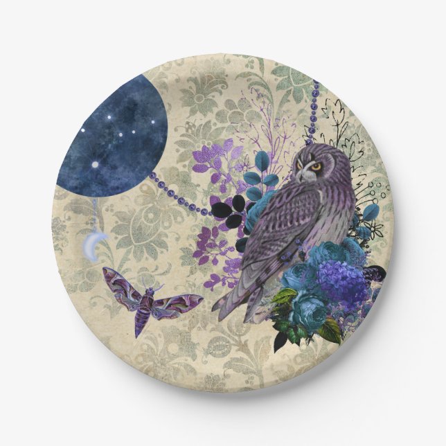 Vintage Blue Owl Moon Moth Paper Plate (Front)