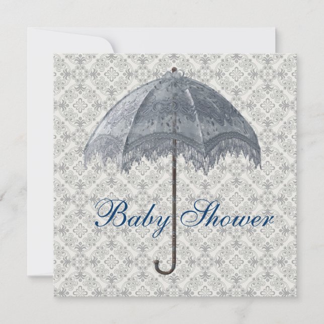 Vintage Blue Parasol Damask Baby Boy Shower Invitation (Front)