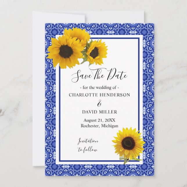 Vintage Blue Pattern Sunflower Save the Date (Front)
