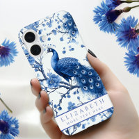 Vintage Blue Peacock Dutch Delft Floral Watercolor