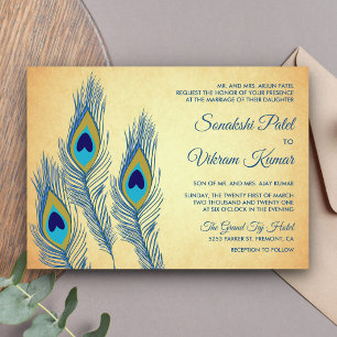 Vintage Blue Peacock Feathers Indian Wedding Invitation