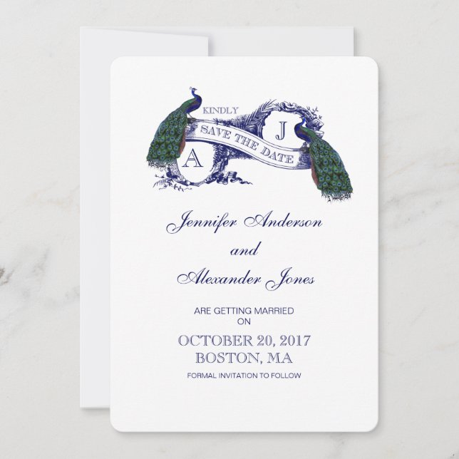Vintage Blue Peacock Save the Date Card (Front)