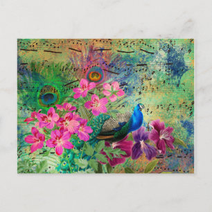 Vintage Blue Peacock Teal Music Pink Flowers Postcard