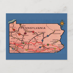 Vintage Blue Pennsylvania Map Postcard