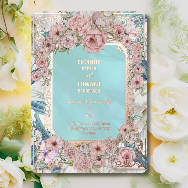 Vintage Blue Peony Wedding Foil Invitation (Creator Uploaded)
