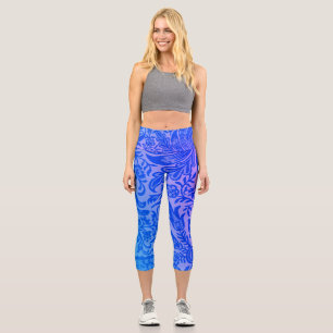Vintage Blue Pink Floral Botanical Pattern Capri Leggings