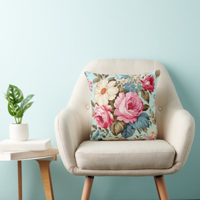 Vintage Blue Pink Floral Garden  Cushion (Chair)