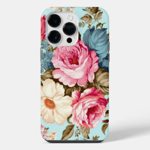 Vintage Blue Pink Floral Garden iPhone 14 Pro Max Case