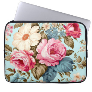 Vintage Blue Pink Floral Garden  Laptop Sleeve