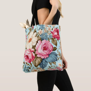 Vintage Blue Pink Floral Garden Tote Bag