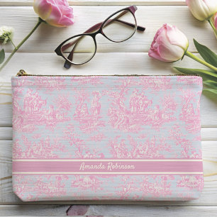 Vintage blue pink toile de jouy printed accessory pouch