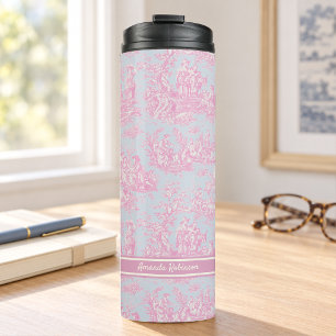 Vintage blue pink toile de jouy printed thermal tumbler