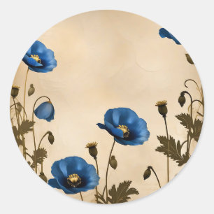 Vintage Blue Poppy on Aged Parchment Classic Round Sticker