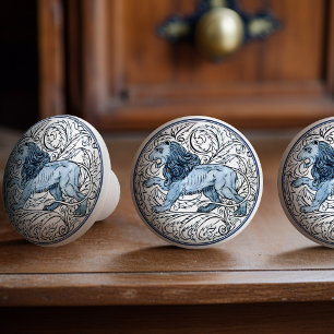 Vintage Blue Pricked Lion William de Morgan Ceramic Knob