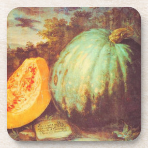 Vintage blue pumpkin heirloom fall painting rustic coaster