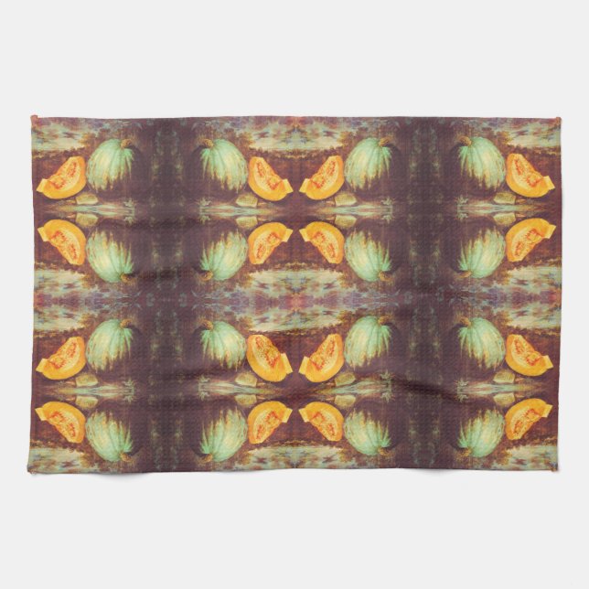 Vintage blue pumpkin heirloom fall painting tea towel (Horizontal)