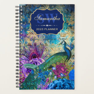 Vintage Blue, Purple and Gold floral Peacock Planner