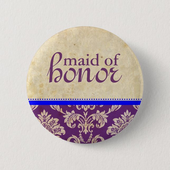 Vintage Blue Purple Damask Maid of Honour Button (Front)