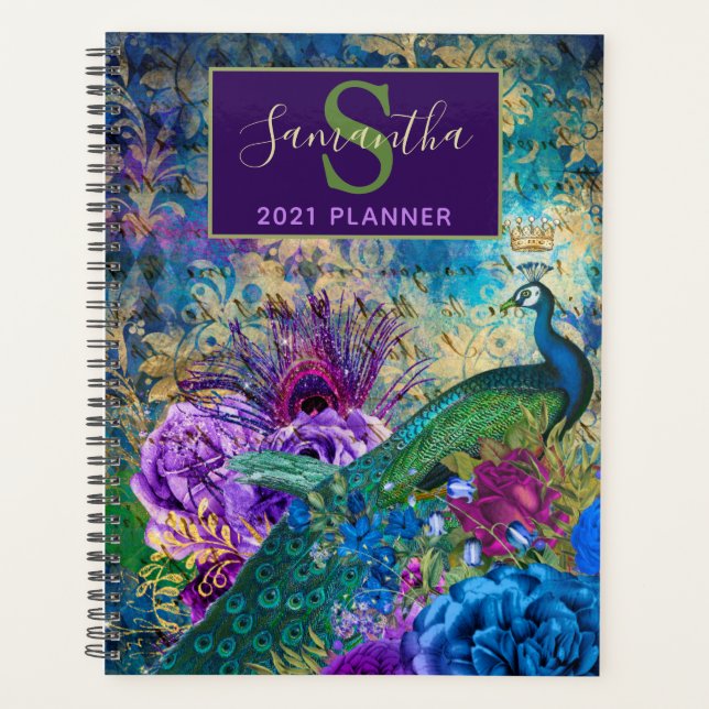 Vintage Blue, purple & Gold floral Peacock Planner (Front)