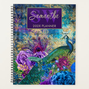 Vintage Blue, purple & Gold floral Peacock Planner