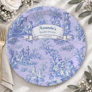 Vintage Blue Purple Toile de Jouy Floral Paper Plate