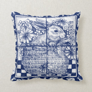 Vintage Blue Rabbit Floral Dedham Delft Cottage  Cushion