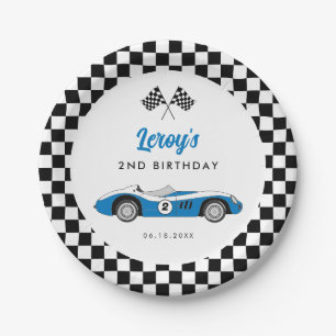 Vintage Blue Race Car Boy 2nd Birthday Party Paper Plate